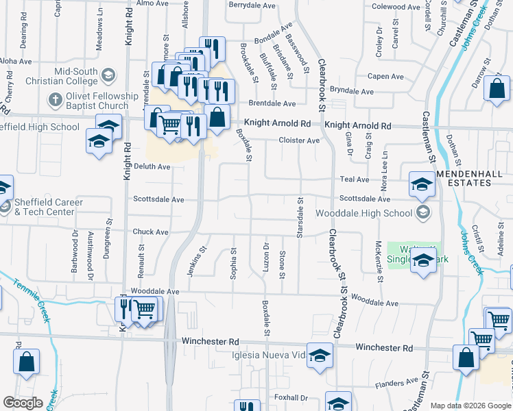 map of restaurants, bars, coffee shops, grocery stores, and more near 3324 Boxdale Street in Memphis