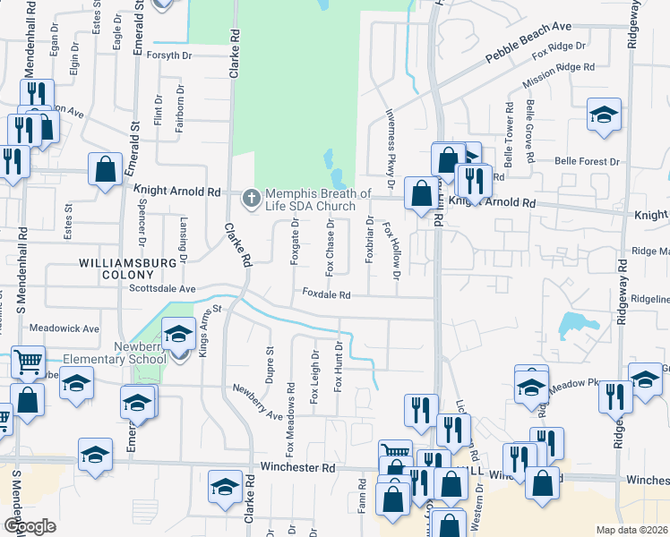 map of restaurants, bars, coffee shops, grocery stores, and more near 3326 Fox Chase Drive in Memphis