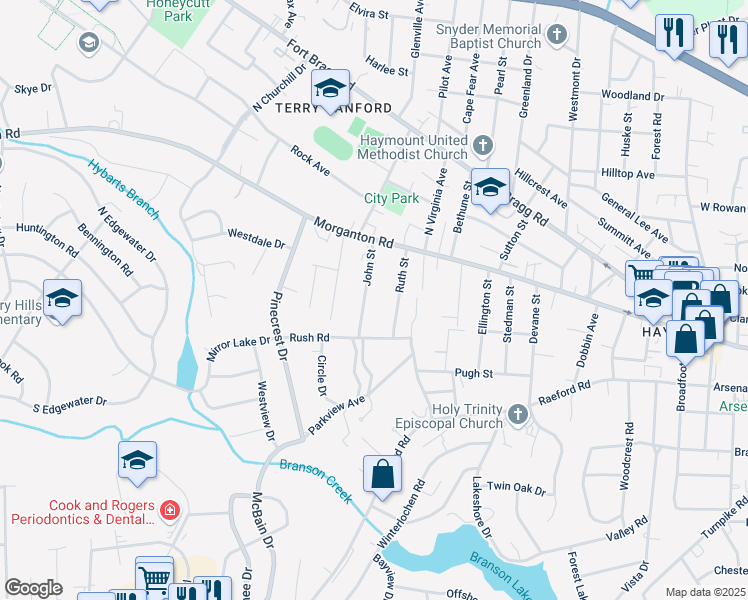 map of restaurants, bars, coffee shops, grocery stores, and more near 129 John Street in Fayetteville