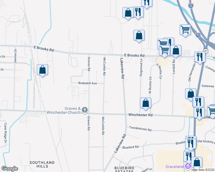 map of restaurants, bars, coffee shops, grocery stores, and more near 3320 McCorkle Road in Memphis