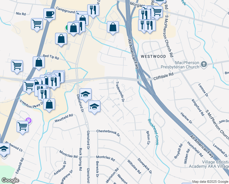 map of restaurants, bars, coffee shops, grocery stores, and more near 4508 Cay Court in Fayetteville