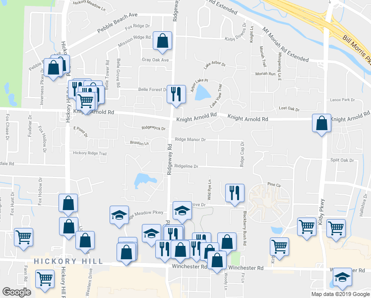 map of restaurants, bars, coffee shops, grocery stores, and more near 3322 Bright Ridge Cove in Memphis