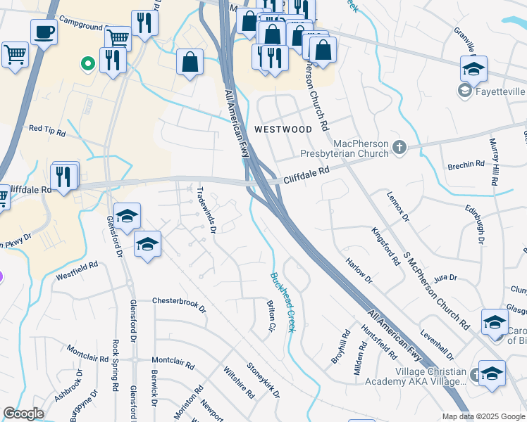 map of restaurants, bars, coffee shops, grocery stores, and more near 4636 Weaverhall Drive in Fayetteville
