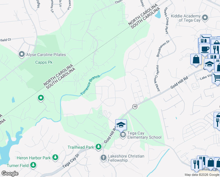 map of restaurants, bars, coffee shops, grocery stores, and more near 2964 Deer Creek Drive in Fort Mill