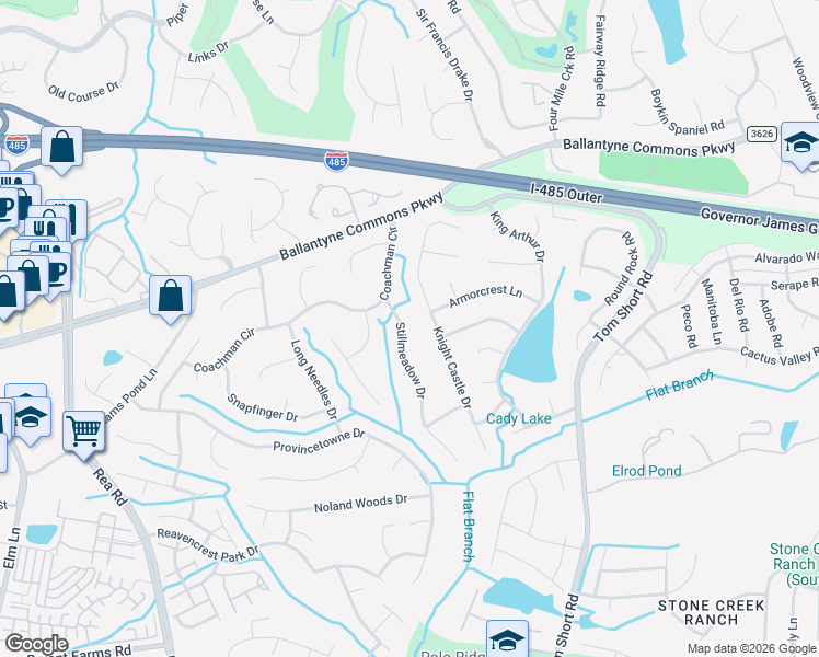 map of restaurants, bars, coffee shops, grocery stores, and more near 7012 Stillmeadow Drive in Charlotte