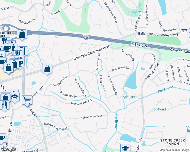 map of restaurants, bars, coffee shops, grocery stores, and more near 7036 Huntsmaster Drive in Charlotte