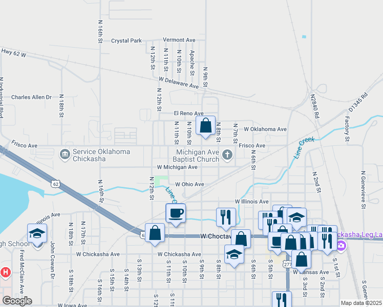 map of restaurants, bars, coffee shops, grocery stores, and more near 620 North 10th Street in Chickasha