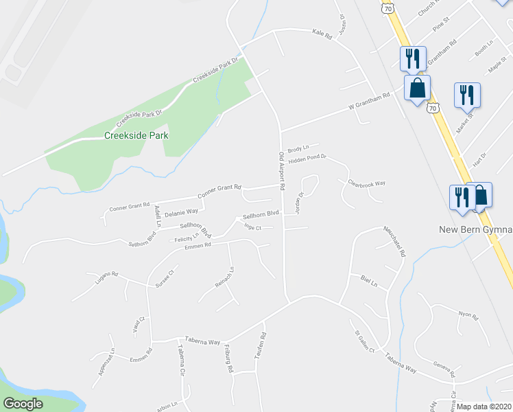 map of restaurants, bars, coffee shops, grocery stores, and more near 112 Joshua Norman Drive in New Bern