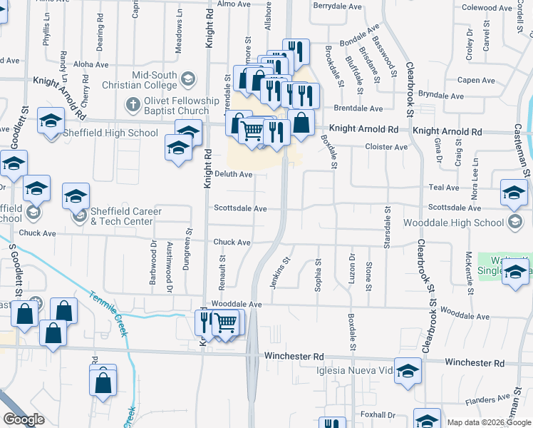 map of restaurants, bars, coffee shops, grocery stores, and more near 4699 Scottsdale Avenue in Memphis