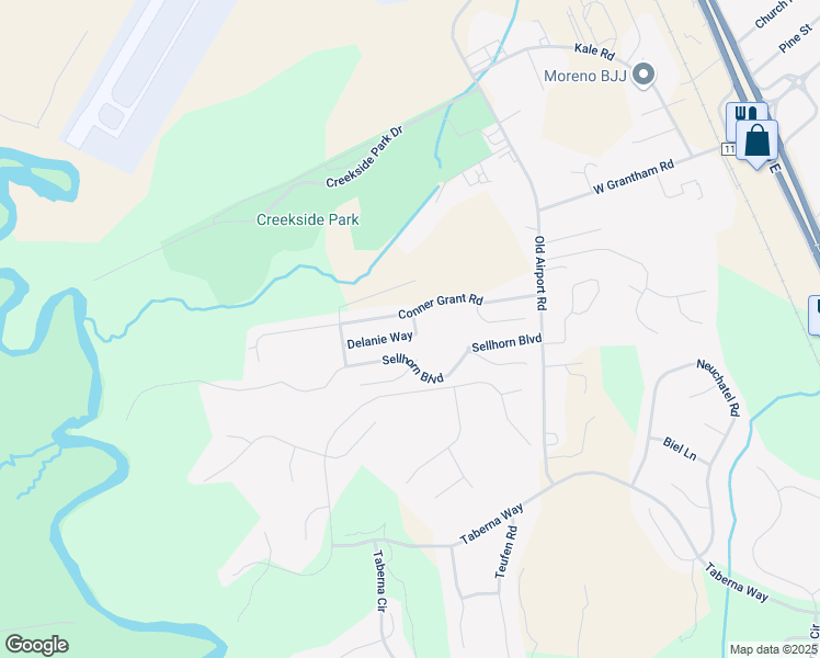 map of restaurants, bars, coffee shops, grocery stores, and more near 100 Delanie Way in New Bern