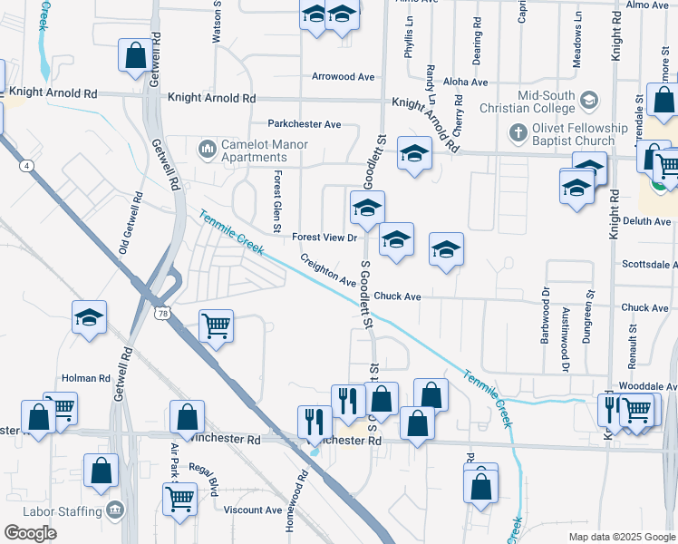 map of restaurants, bars, coffee shops, grocery stores, and more near 3352 Creighton Avenue in Memphis