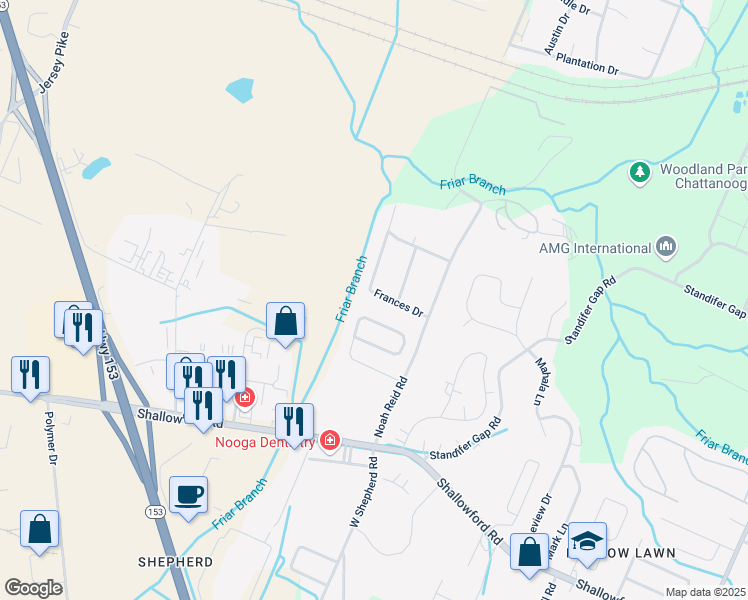 map of restaurants, bars, coffee shops, grocery stores, and more near 6322 Frances Drive in Chattanooga
