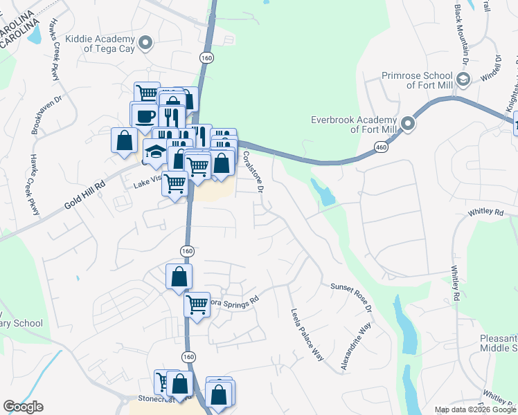 map of restaurants, bars, coffee shops, grocery stores, and more near 1301 Smokey Quartz Lane in Fort Mill