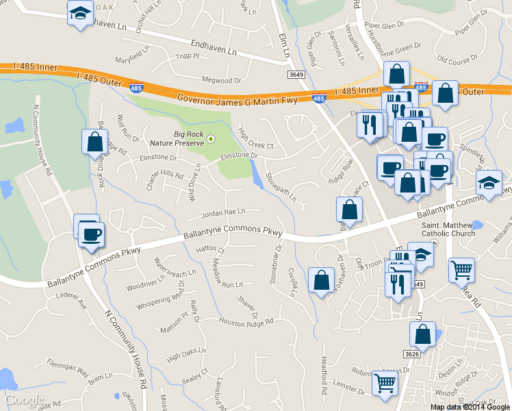 map of restaurants, bars, coffee shops, grocery stores, and more near 11015 Jordan Rae Lane in Charlotte