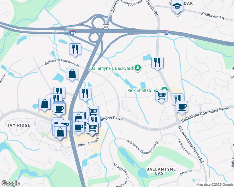 map of restaurants, bars, coffee shops, grocery stores, and more near 13146 Ballantyne Corporate Place in Charlotte