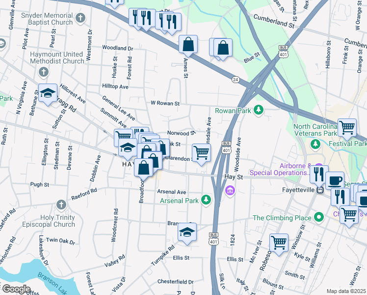 map of restaurants, bars, coffee shops, grocery stores, and more near 1001 Brook Street in Fayetteville