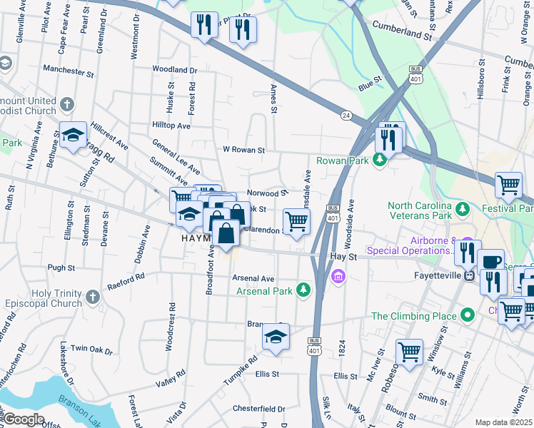 map of restaurants, bars, coffee shops, grocery stores, and more near 1007 Brook Street in Fayetteville