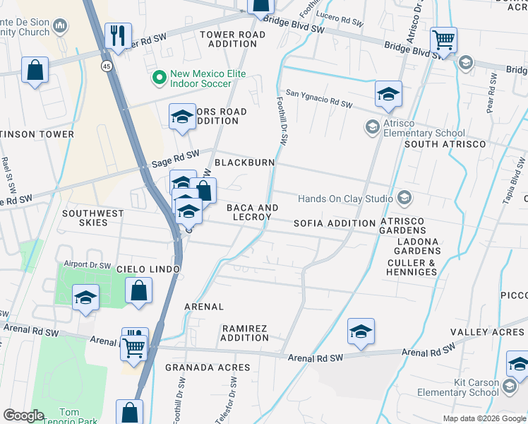 map of restaurants, bars, coffee shops, grocery stores, and more near 2606 Kelly Road Southwest in Albuquerque