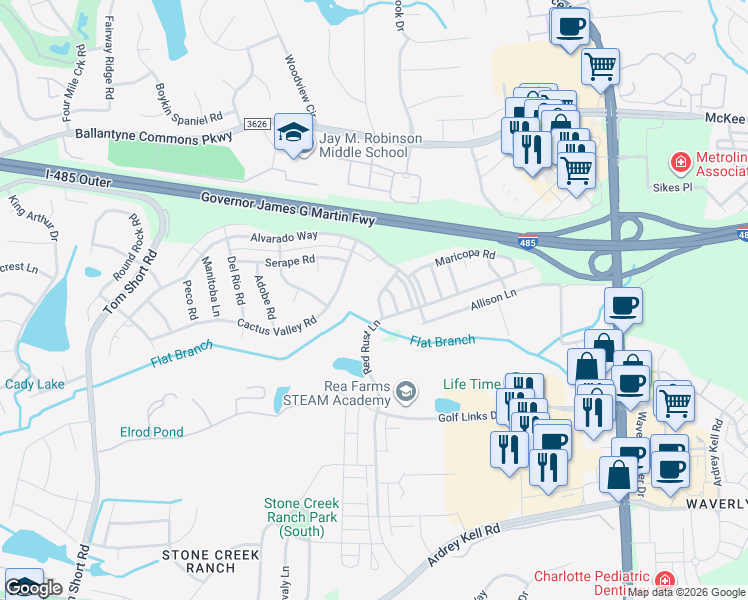 map of restaurants, bars, coffee shops, grocery stores, and more near 6725 Dusty Saddle Road in Charlotte