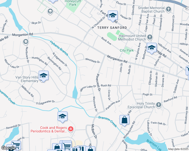 map of restaurants, bars, coffee shops, grocery stores, and more near 222 Pinecrest Drive in Fayetteville