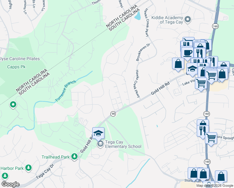 map of restaurants, bars, coffee shops, grocery stores, and more near 2032 Gold Hill Road in Fort Mill