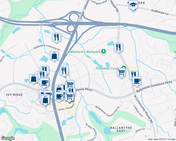 map of restaurants, bars, coffee shops, grocery stores, and more near 13320 Ballantyne Corporate Place in Charlotte