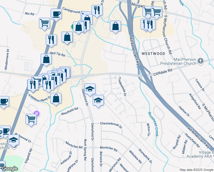 map of restaurants, bars, coffee shops, grocery stores, and more near 4609 Fen Court in Fayetteville