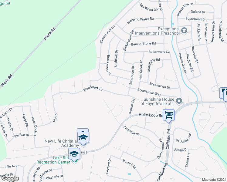 map of restaurants, bars, coffee shops, grocery stores, and more near 6924 Woodmark Drive in Fayetteville