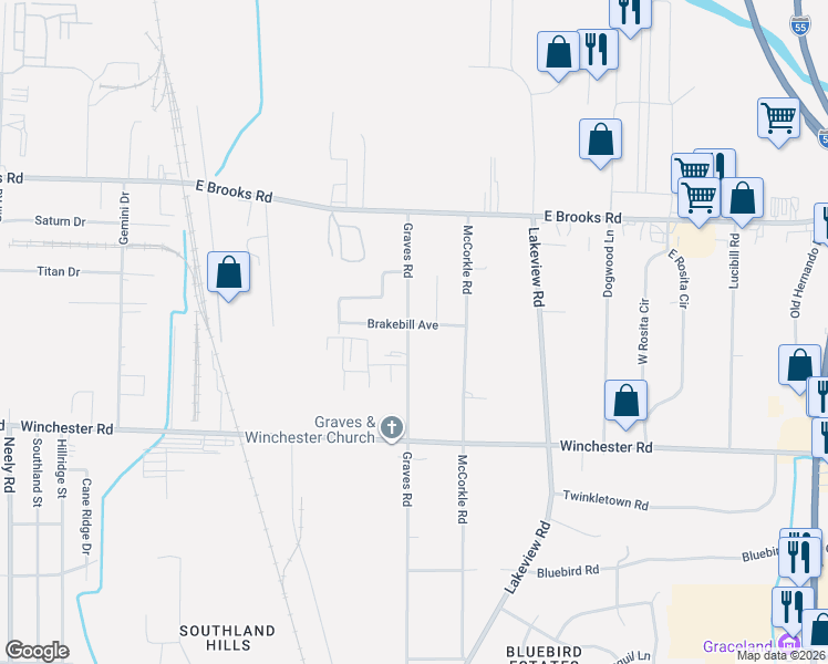 map of restaurants, bars, coffee shops, grocery stores, and more near 703 Brakebill Avenue in Memphis