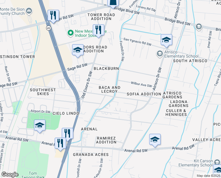 map of restaurants, bars, coffee shops, grocery stores, and more near 2606 Kelly Road Southwest in Albuquerque