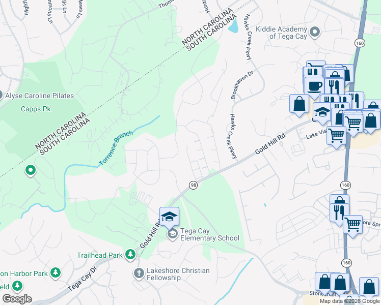 map of restaurants, bars, coffee shops, grocery stores, and more near 2032 Gold Hill Road in Fort Mill