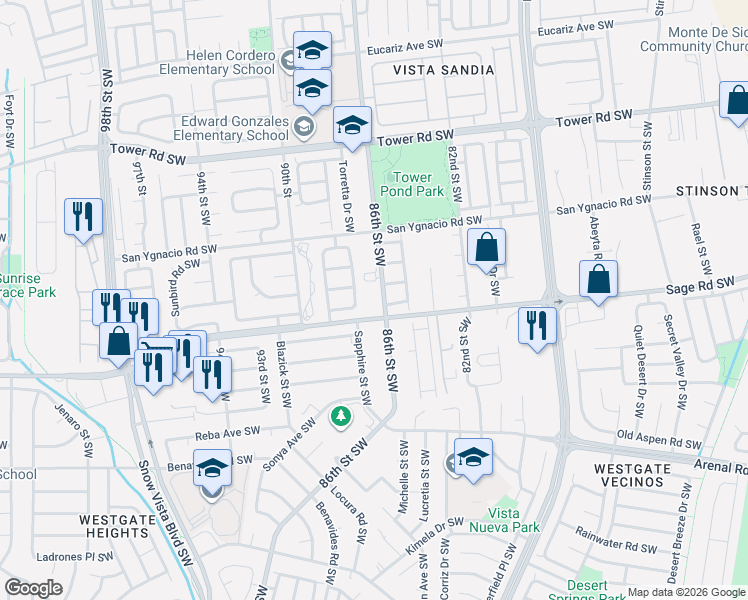 map of restaurants, bars, coffee shops, grocery stores, and more near 8519 Mesa Real Avenue Southwest in Albuquerque
