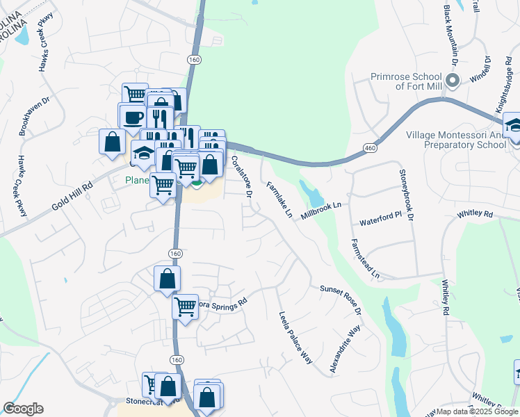 map of restaurants, bars, coffee shops, grocery stores, and more near 1910 Travertine Lane in Fort Mill