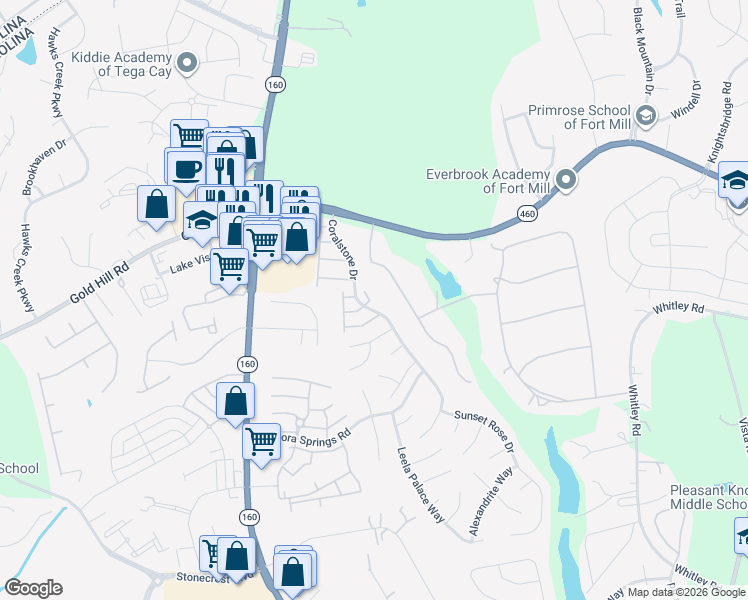 map of restaurants, bars, coffee shops, grocery stores, and more near 1915 Travertine Lane in Fort Mill