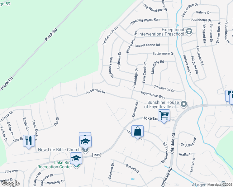 map of restaurants, bars, coffee shops, grocery stores, and more near 6924 Woodmark Drive in Fayetteville