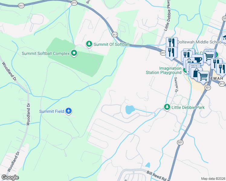 map of restaurants, bars, coffee shops, grocery stores, and more near 4685 Sweet Berry Lane in Ooltewah