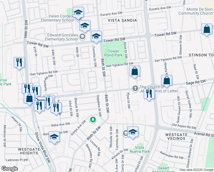 map of restaurants, bars, coffee shops, grocery stores, and more near 8519 Mesa Real Avenue Southwest in Albuquerque
