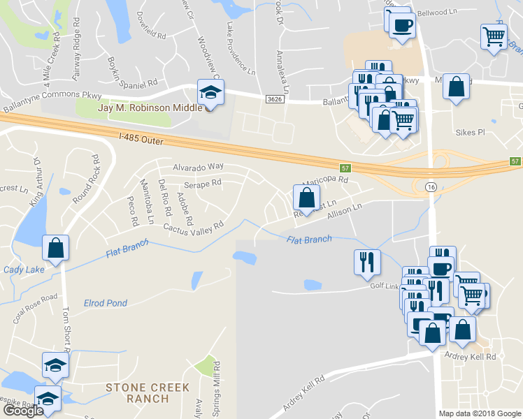 map of restaurants, bars, coffee shops, grocery stores, and more near 6733 Dusty Saddle Road in Charlotte