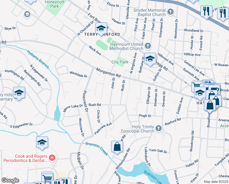 map of restaurants, bars, coffee shops, grocery stores, and more near 129 John Street in Fayetteville