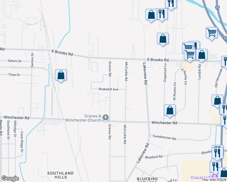 map of restaurants, bars, coffee shops, grocery stores, and more near 703 Brakebill Avenue in Memphis