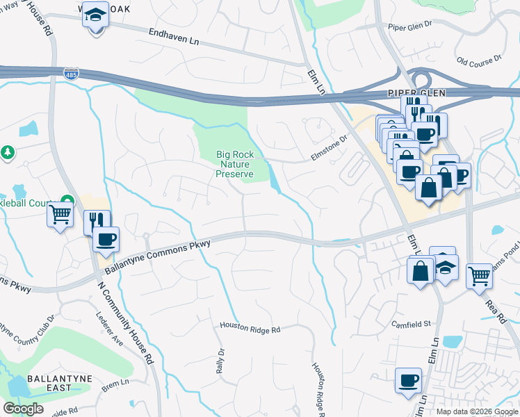 map of restaurants, bars, coffee shops, grocery stores, and more near 10907 Jordan Rae Lane in Charlotte