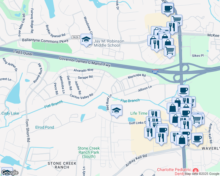 map of restaurants, bars, coffee shops, grocery stores, and more near 6733 Dusty Saddle Road in Charlotte