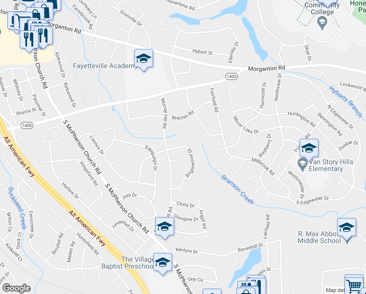 map of restaurants, bars, coffee shops, grocery stores, and more near 406 Brightwood Drive in Fayetteville