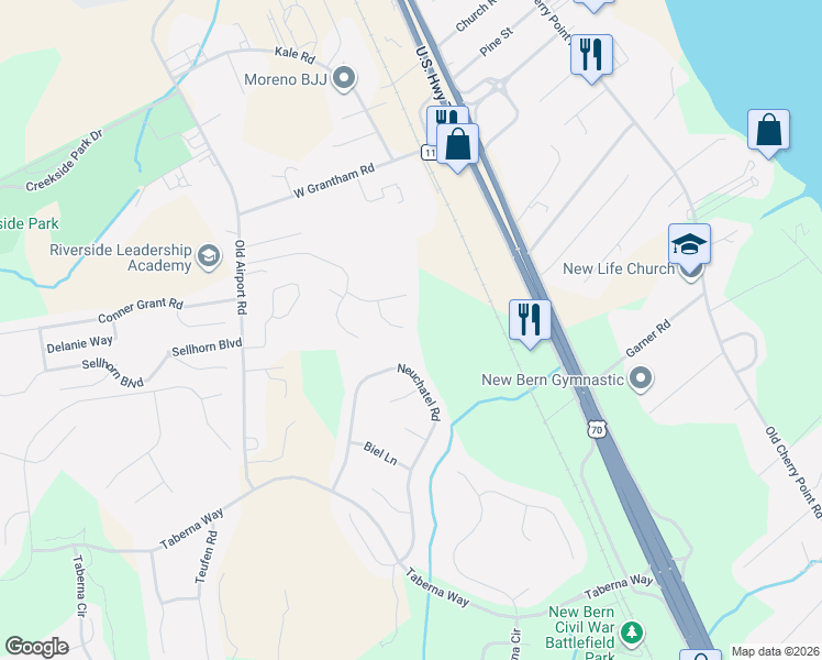 map of restaurants, bars, coffee shops, grocery stores, and more near 112 Shady Side Lane in New Bern