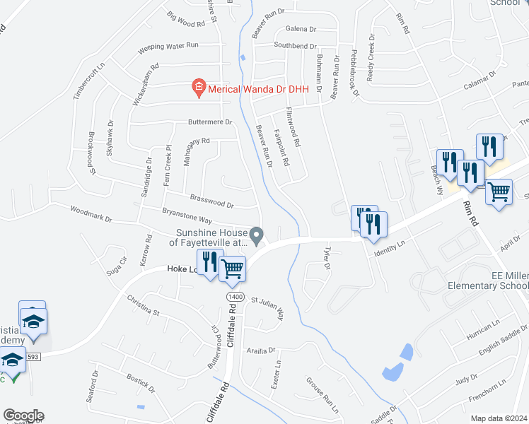 map of restaurants, bars, coffee shops, grocery stores, and more near 985 Millstream Road in Fayetteville