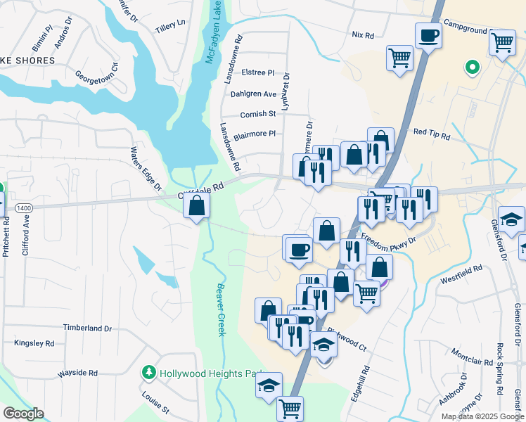 map of restaurants, bars, coffee shops, grocery stores, and more near 420 Acacia Circle in Fayetteville