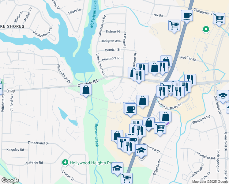 map of restaurants, bars, coffee shops, grocery stores, and more near 420 Acacia Circle in Fayetteville