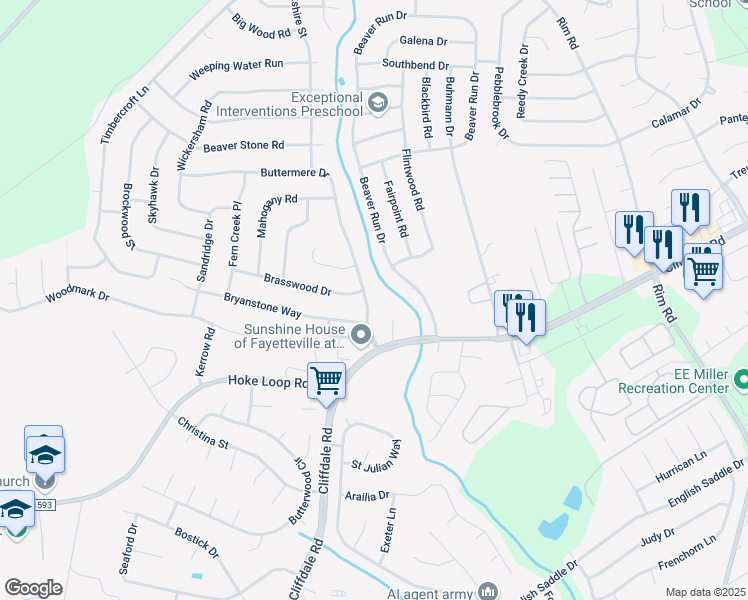 map of restaurants, bars, coffee shops, grocery stores, and more near 985 Millstream Road in Fayetteville