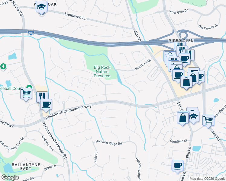 map of restaurants, bars, coffee shops, grocery stores, and more near 10907 Jordan Rae Lane in Charlotte