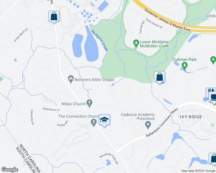 map of restaurants, bars, coffee shops, grocery stores, and more near 13824 Ballantyne Meadows Drive in Charlotte